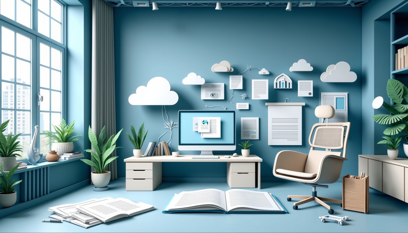 Ein modernes blaues Arbeitszimmer mit Pflanzen, einem Schreibtisch, einem Computer, Büchern und einer Wanddekoration mit Wolkenmotiven.