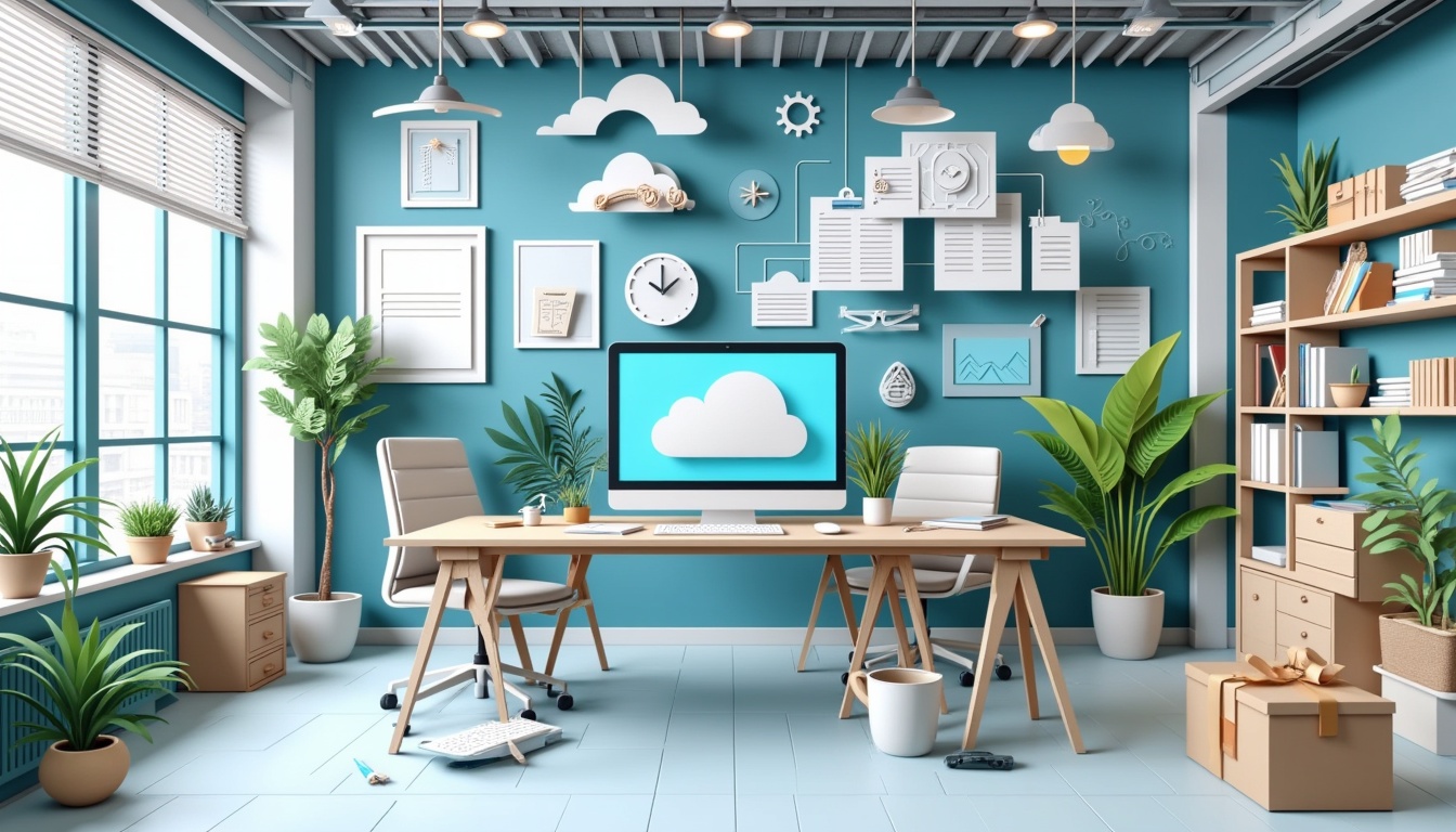 Modernes Büro mit Pflanzen, wolkenartigem Dekor, einem großen Fenster und einem Schreibtisch mit Computern und Stühlen.