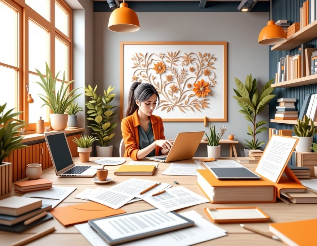Eine Frau arbeitet an einem Schreibtisch mit Papieren, Laptop und Pflanzen in einem hellen, modernen Büro mit orangefarbenen Akzenten.
