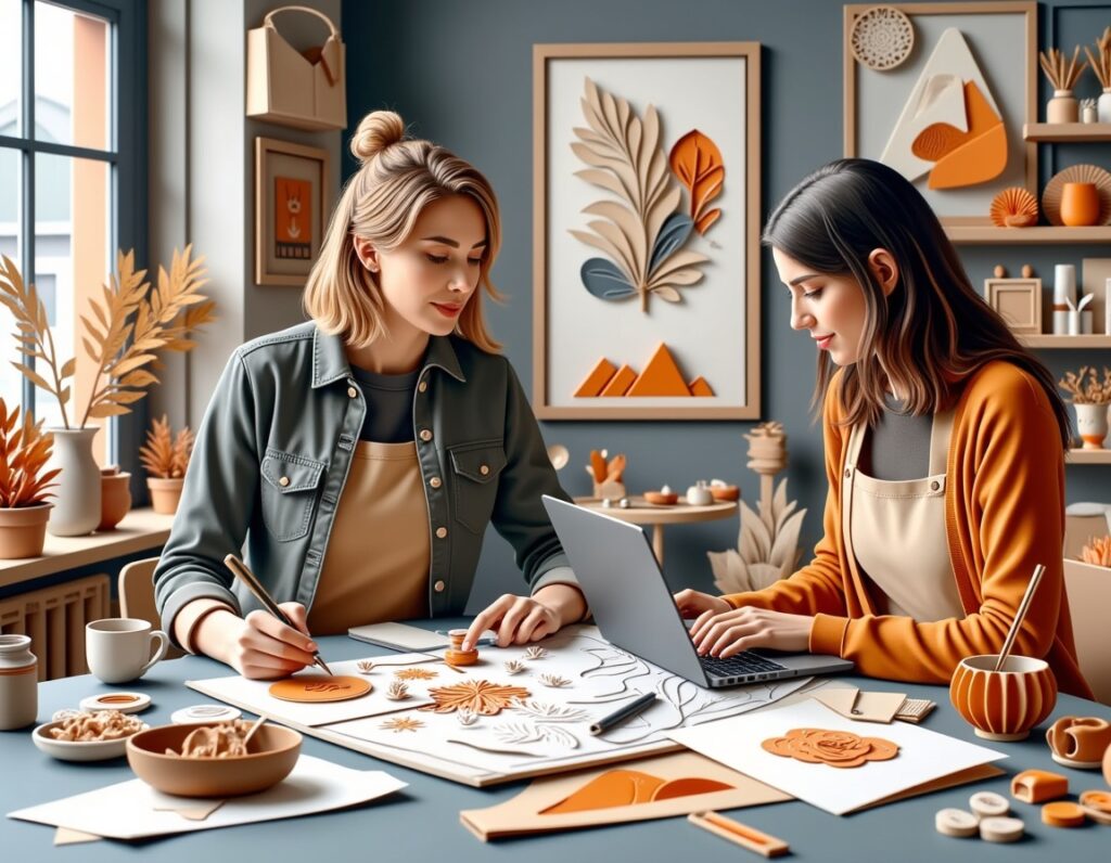 Zwei Frauen basteln mit Papier und Laptop an einem Arbeitsplatz, der mit orange-beiger Kunst und Pflanzen dekoriert ist.