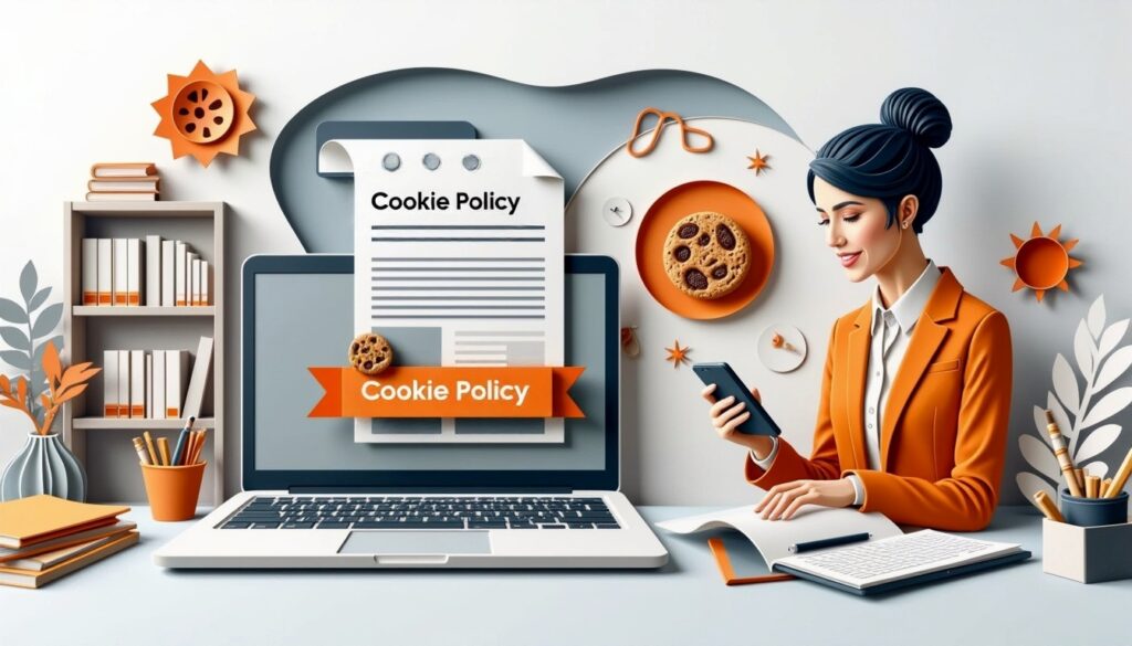 Geschäftsfrau am Schreibtisch mit Laptop, Cookie-Richtlinie, Keksen und Smartphone in einer modernen Büroumgebung.