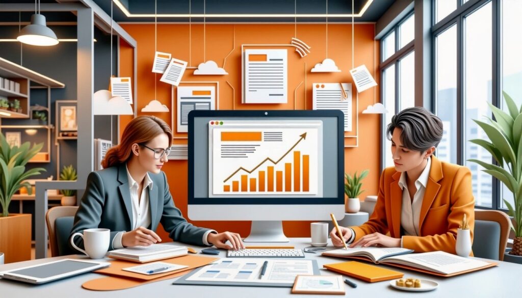 Zwei Personen analysieren in einem Büro mit Papieren und Diagrammen auf dem Schreibtisch steigende Daten auf einem Computer.