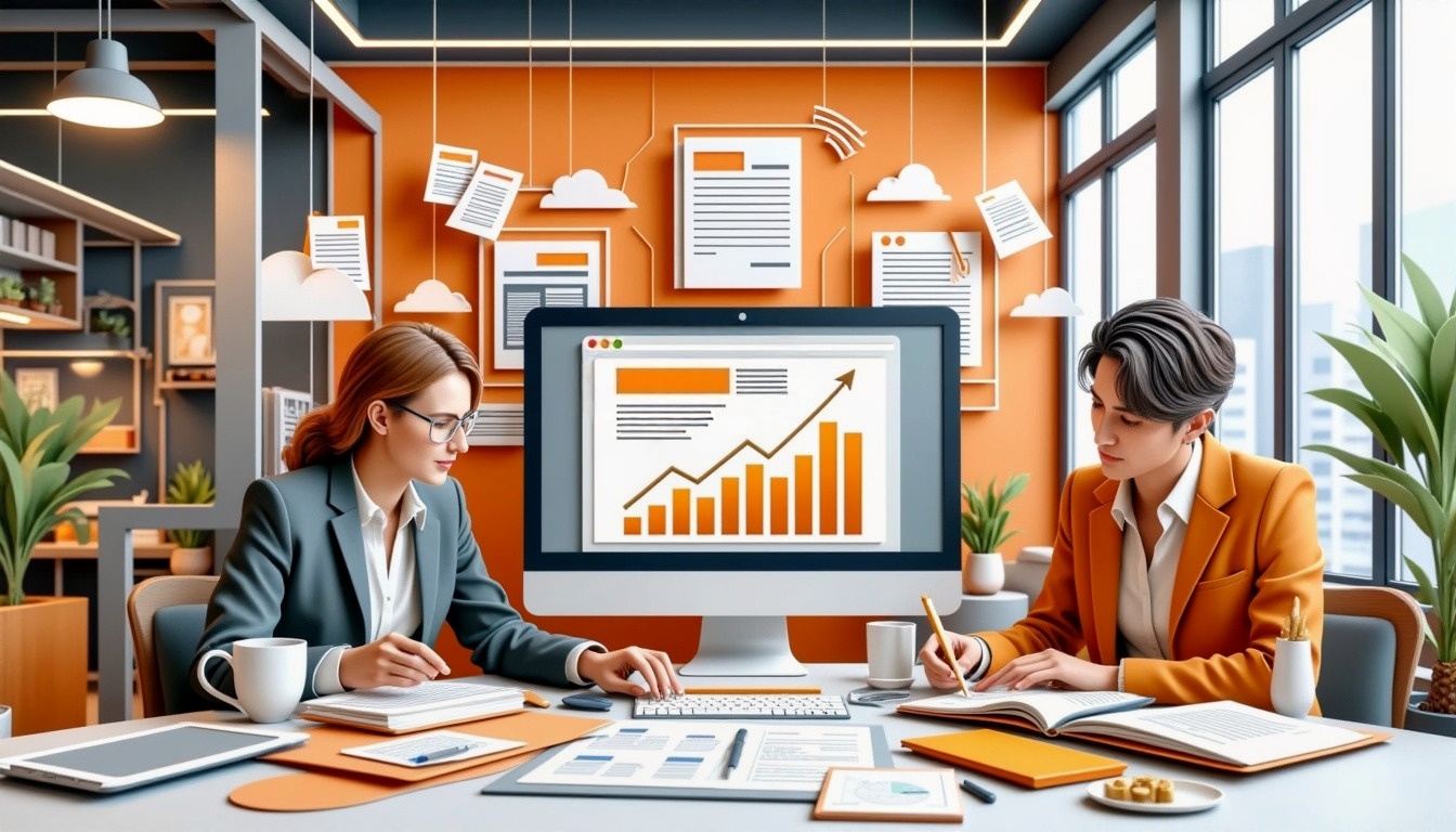 Zwei Personen analysieren in einem Büro mit Papieren und Diagrammen auf dem Schreibtisch steigende Daten auf einem Computer.