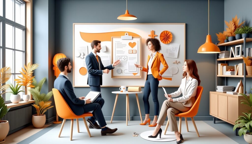 Vier Kollegen diskutieren Ideen in einem modernen, hellen Büro mit orangefarbenem Dekor und einer großen Tafel mit Diagrammen.