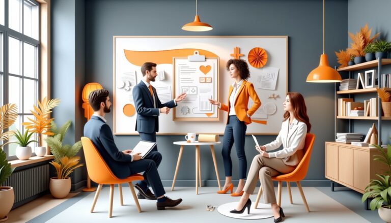 Vier Kollegen diskutieren Ideen in einem modernen, hellen Büro mit orangefarbenem Dekor und einer großen Tafel mit Diagrammen.