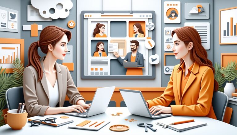 Zwei Frauen mit Laptops arbeiten an einem modernen Bürotisch, umgeben von Diagrammen und Bildschirmen für Videoanrufe.