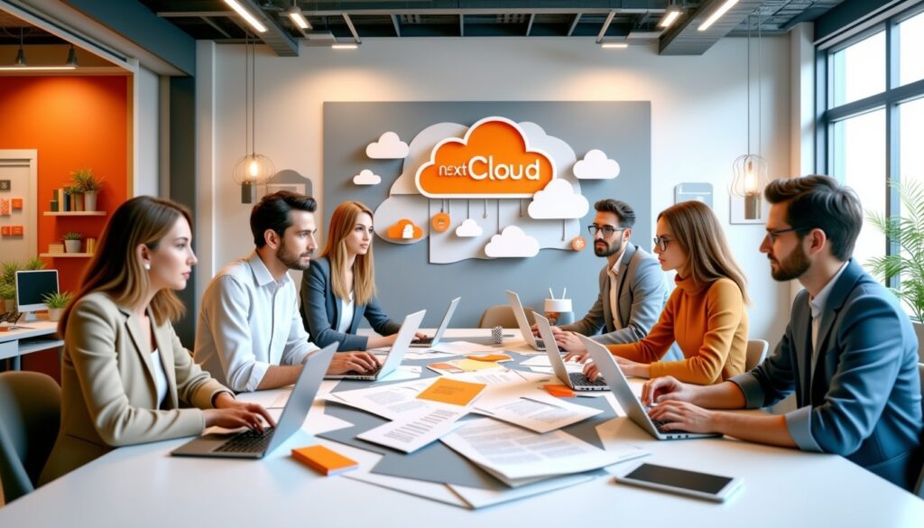 Sechs Fachleute arbeiten um einen Tisch mit Laptops in einem modernen Büro, das nextCloud-Logo an der Wand.