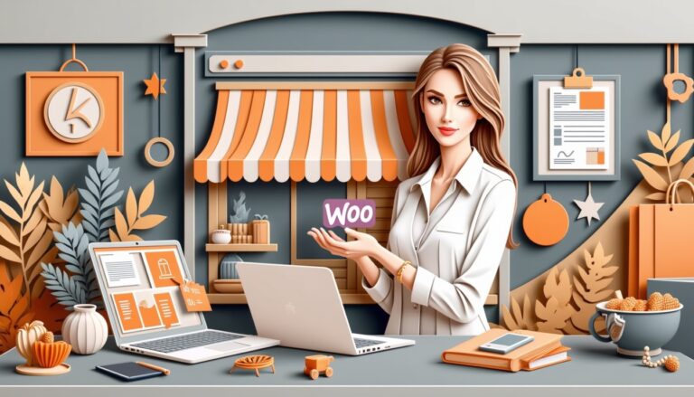 Eine Frau an einem Schreibtisch mit einem "Woo"-Schild, Laptops und Shop-Dekor in einem orange-grauen Umfeld.