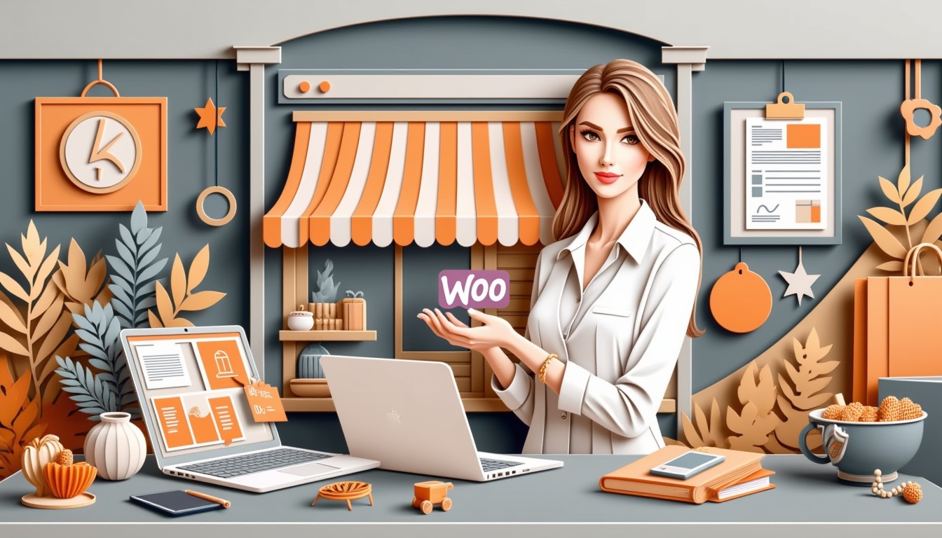 Eine Frau an einem Schreibtisch mit einem "Woo"-Schild, Laptops und Shop-Dekor in einem orange-grauen Umfeld.
