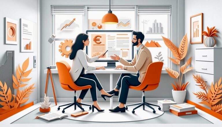 Zwei Fachleute diskutieren an einem Schreibtisch in einem modernen, orangefarbenen Büro über Finanztabellen.