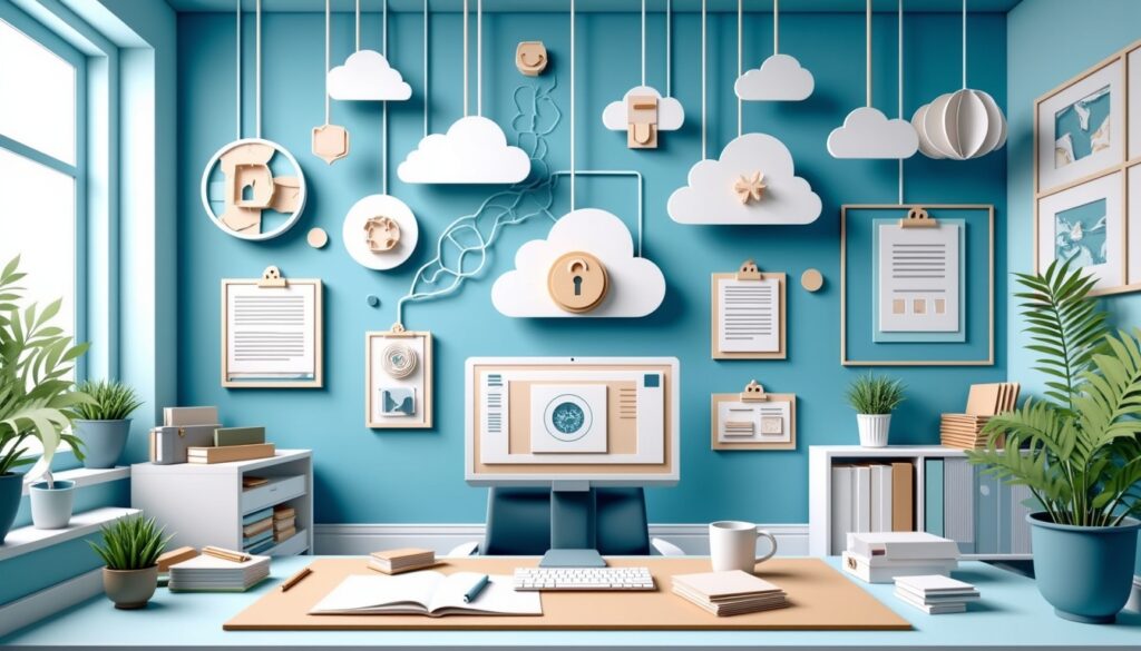 Ein kreatives Büro mit blauen Wänden, Wolkendekoration, Klemmbrettern, Pflanzen und einem Computer auf dem Schreibtisch.