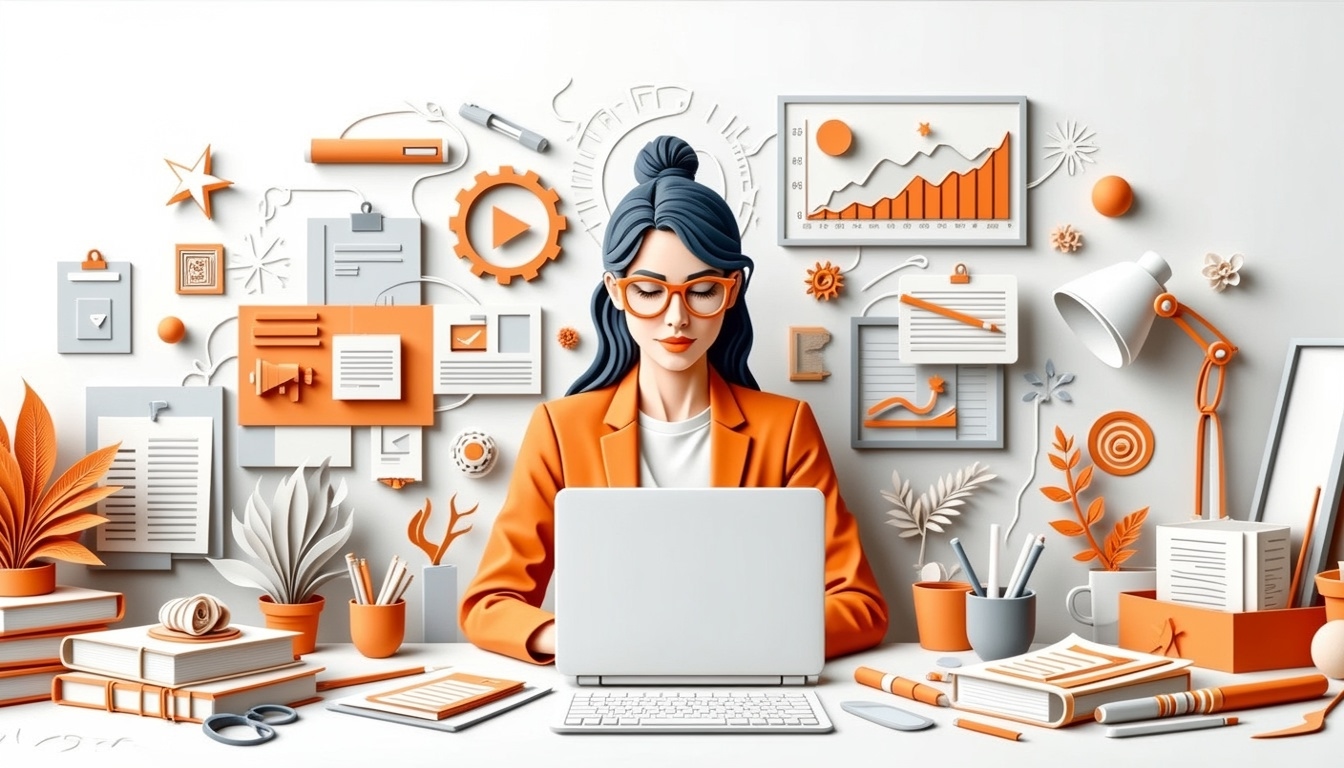 Frau arbeitet am Laptop am Schreibtisch, umgeben von Tabellen, Dokumenten und Büromaterial in Orange und Weiß.