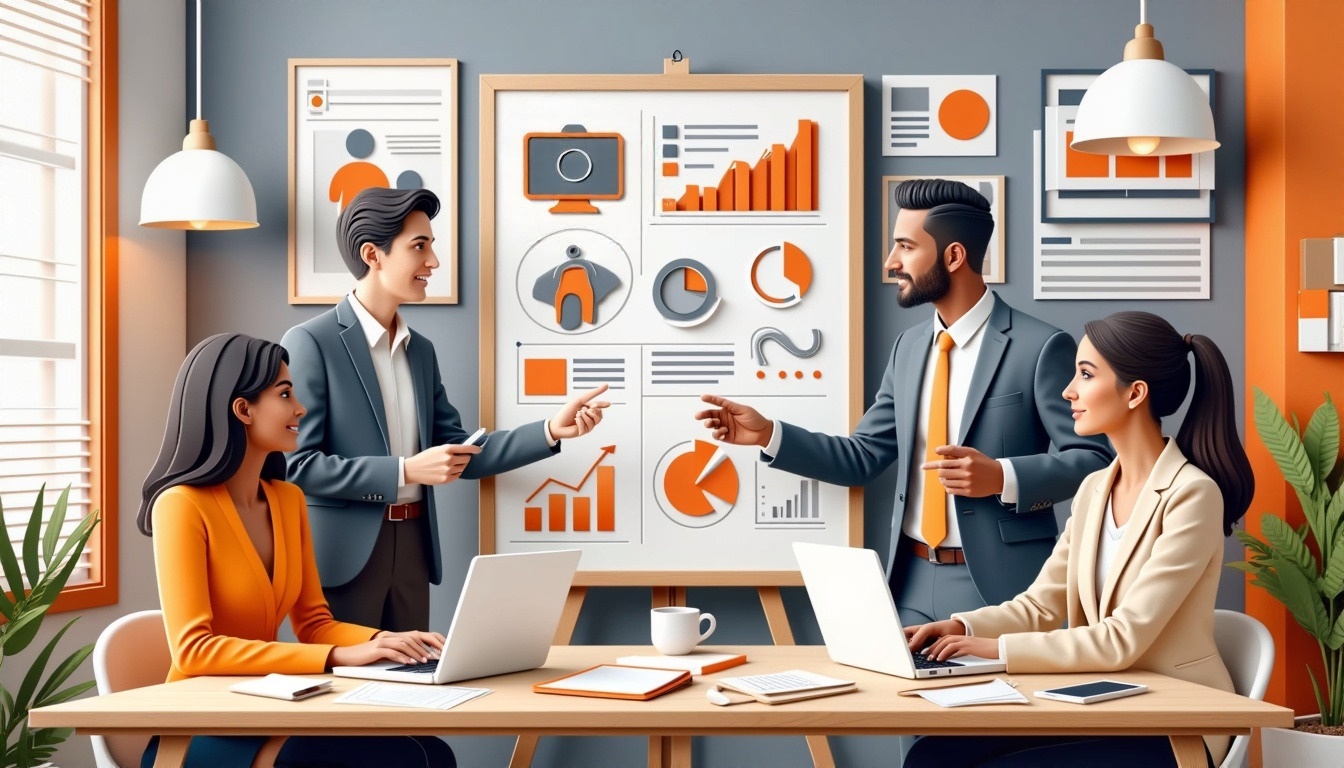 Vier Fachleute diskutieren in einer modernen Büroumgebung mit Laptops über Diagramme und Grafiken auf einer Präsentationstafel.