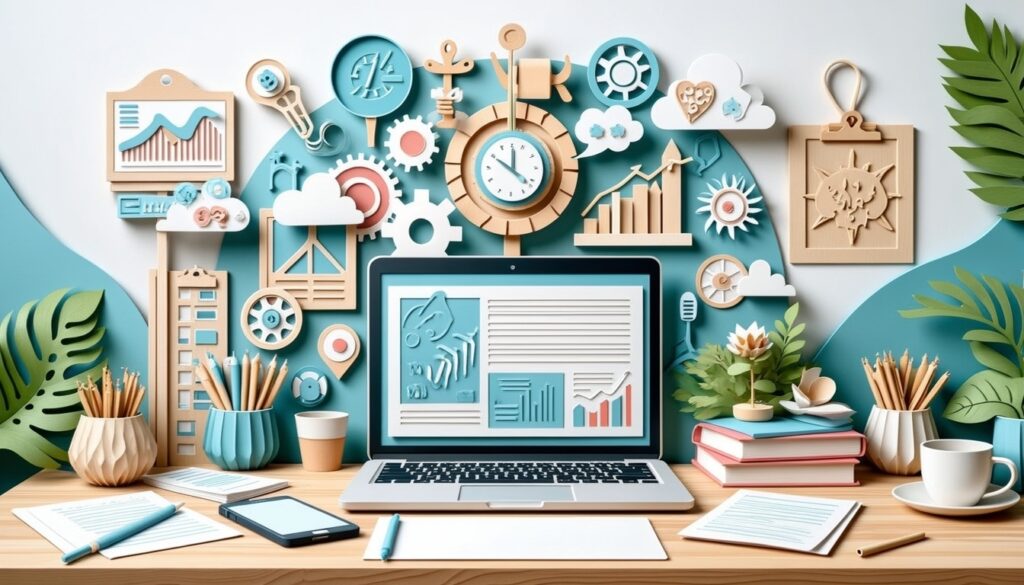 Ein Laptop auf einem Schreibtisch, umgeben von Tabellen, Diagrammen, Zahnrädern und naturbezogenen Dekorationen in Pastellfarben.