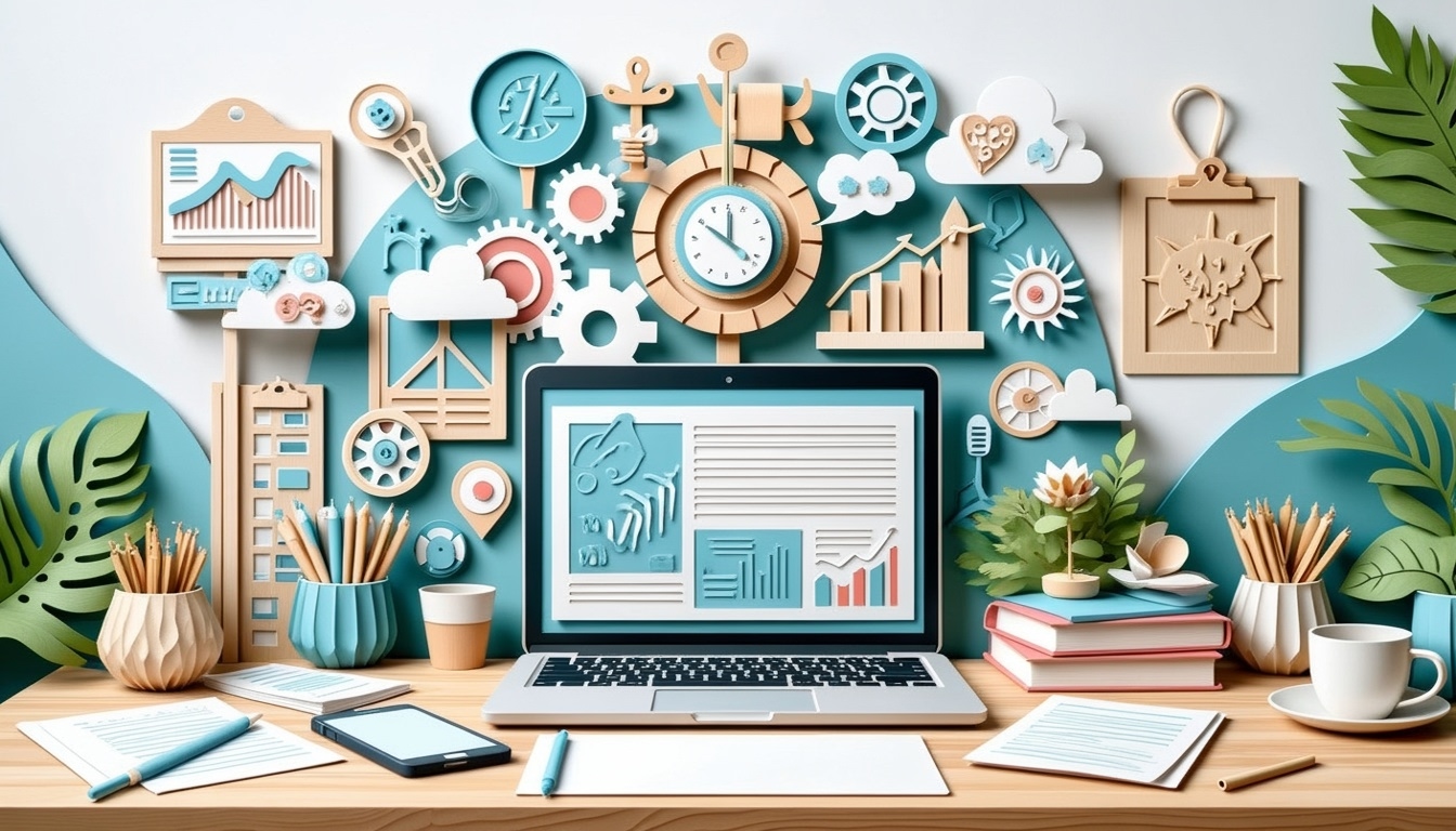 Ein Laptop auf einem Schreibtisch, umgeben von Tabellen, Diagrammen, Zahnrädern und naturbezogenen Dekorationen in Pastellfarben.