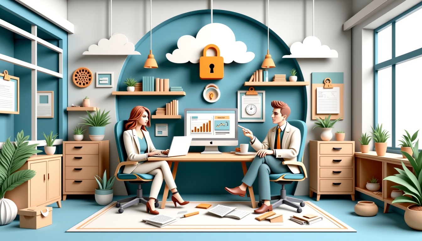 Zwei Personen in einem modernen Büro besprechen Daten an einem Computer, umgeben von Pflanzen und Sicherheitssymbolen.