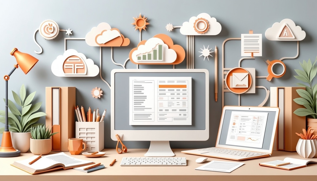 Ein moderner Schreibtisch mit einem Computer, einem Laptop, Pflanzen und Cloud-Computing-Symbolen an der Wand.