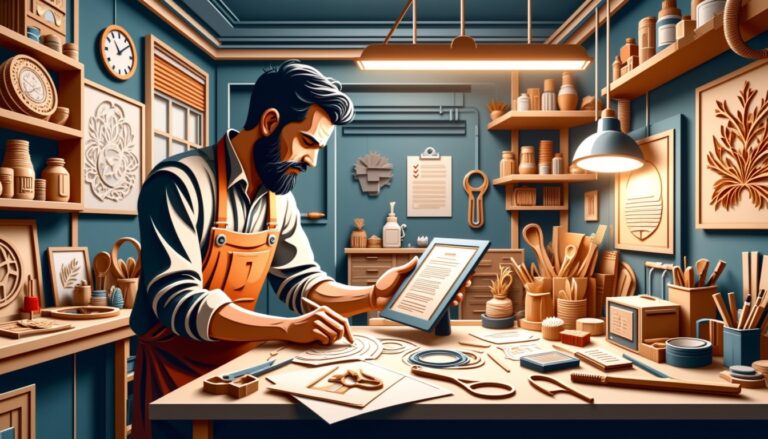 Ein bärtiger Mann in einer Schürze bastelt Holzkunst an einer Werkbank in einer gemütlichen, organisierten Werkstatt.