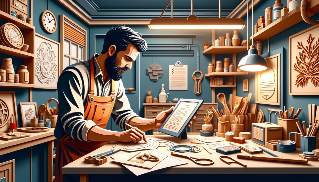 Ein bärtiger Mann in einer Schürze bastelt Holzkunst an einer Werkbank in einer gemütlichen, organisierten Werkstatt.