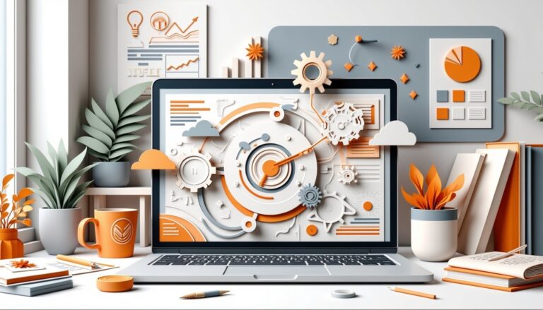 Ein Laptop auf einem Schreibtisch zeigt bunte Zahnräder und Tabellen, umgeben von Pflanzen und Büromaterial.
