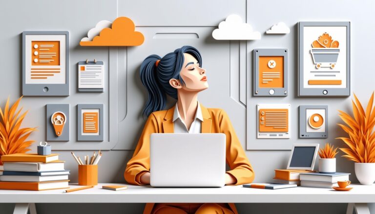 Frau am Schreibtisch mit Laptop, umgeben von digitalen Bildschirmen und orangefarbener Büroausstattung, schaut nachdenklich nach oben.