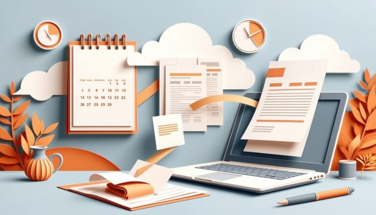 Laptop mit fliegenden Dokumenten, Kalender, Uhren und Schreibwaren auf einem Schreibtisch, in einem orange-blauen Thema.