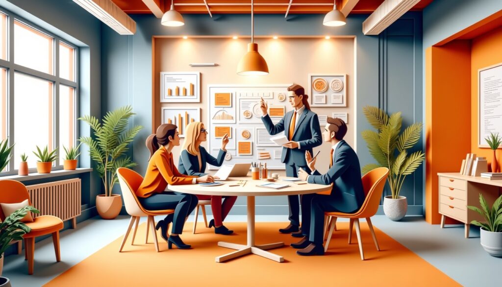 Vier Personen diskutieren in einem modernen Büro über Tabellen und Diagramme, umgeben von Pflanzen und hellem Dekor.