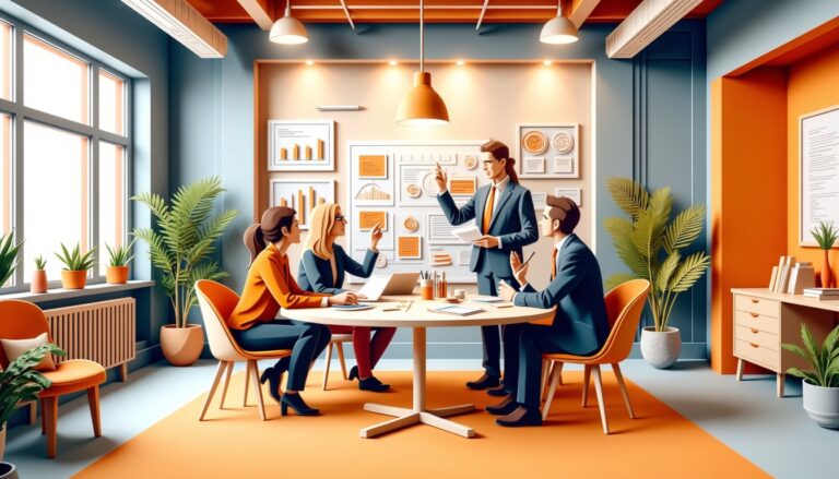 Vier Personen diskutieren in einem modernen Büro über Tabellen und Diagramme, umgeben von Pflanzen und hellem Dekor.