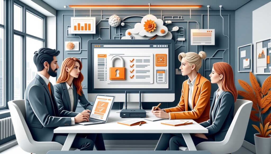 Vier Fachleute diskutieren über Cybersicherheit an einem Tisch mit einem großen Bildschirm, der ein Vorhängeschloss und Checklisten zeigt.