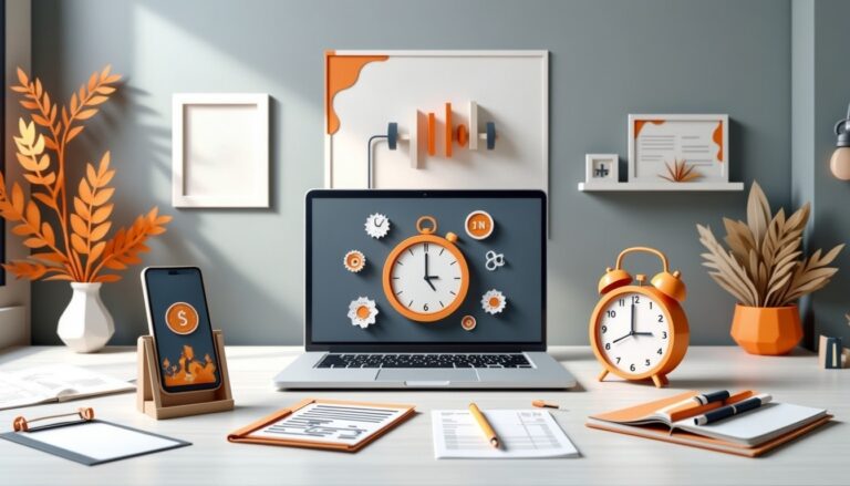 Moderner Bürotisch mit Laptop, Smartphone, Uhr, Schreibwaren und orangefarbenem Dekor in einem stilvollen Arbeitsbereich.