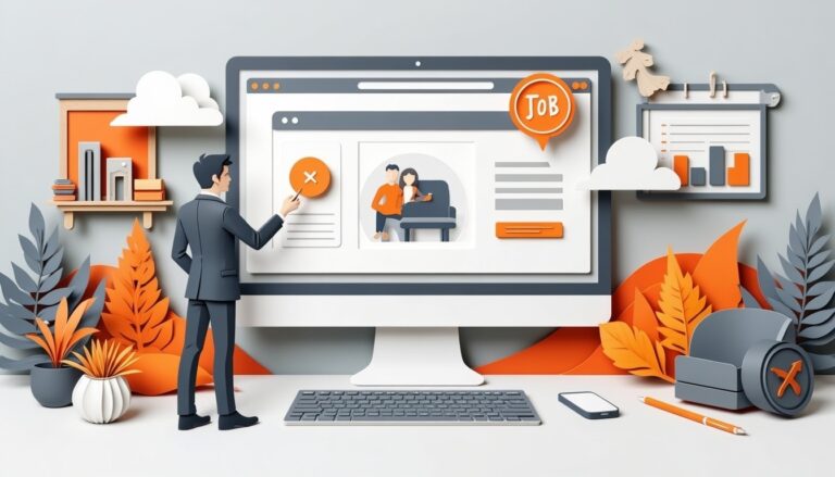 Illustration eines Mannes an einem Computer, der Stellenangebote durchsucht, mit Diagrammen, Pflanzen und Büroartikeln drum herum.