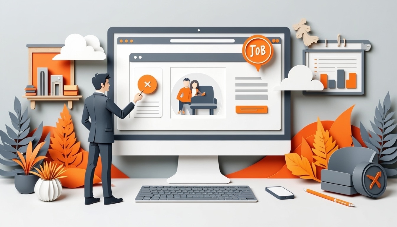 Illustration eines Mannes an einem Computer, der Stellenangebote durchsucht, mit Diagrammen, Pflanzen und Büroartikeln drum herum.