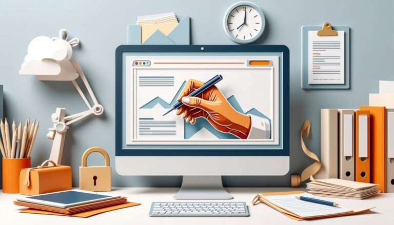Ein Computerbildschirm zeigt eine Hand, die Diagramme zeichnet, umgeben von Büromaterial und Dokumenten auf einem Schreibtisch.