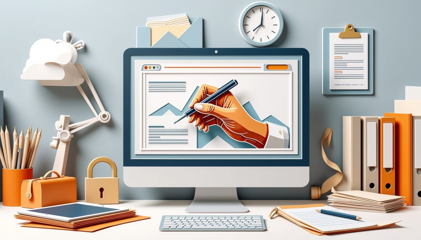 Ein Computerbildschirm zeigt eine Hand, die Diagramme zeichnet, umgeben von Büromaterial und Dokumenten auf einem Schreibtisch.
