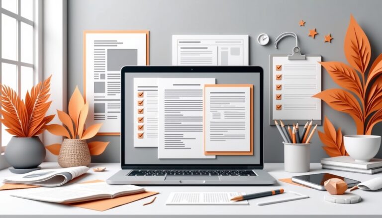 Ein Laptop auf einem Schreibtisch mit Dokumenten, Checklisten, Pflanzen und Büromaterial in Orange- und Grautönen.