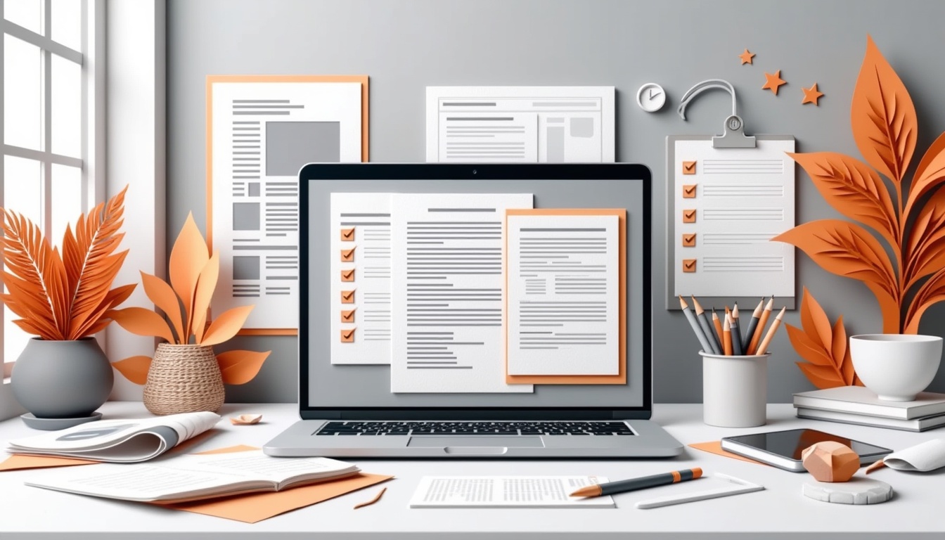 Ein Laptop auf einem Schreibtisch mit Dokumenten, Checklisten, Pflanzen und Büromaterial in Orange- und Grautönen.