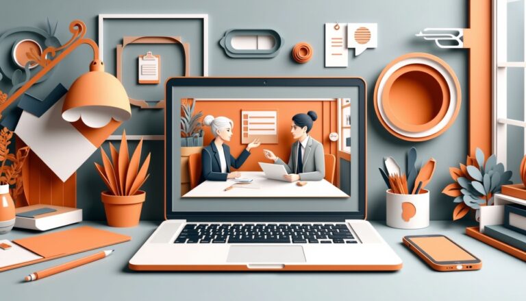 Ein Laptop zeigt zwei Personen in einer virtuellen Besprechung; Schreibtischgegenstände und Pflanzen umgeben den Laptop in einem organisierten Arbeitsbereich.