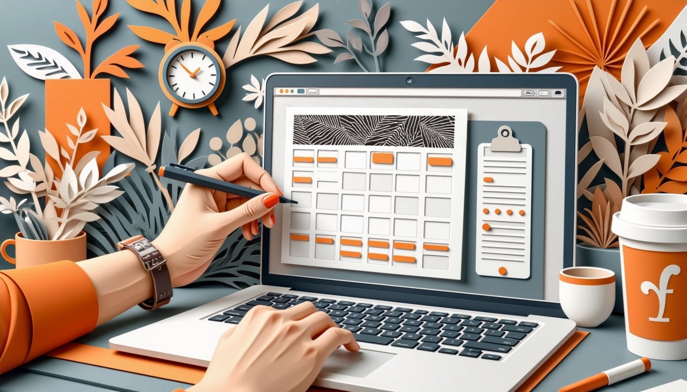 Person, die an einem Laptop mit einem Kalender, einem Klemmbrett, Pflanzen und einer Kaffeetasse plant; Thema Orange und Grau.