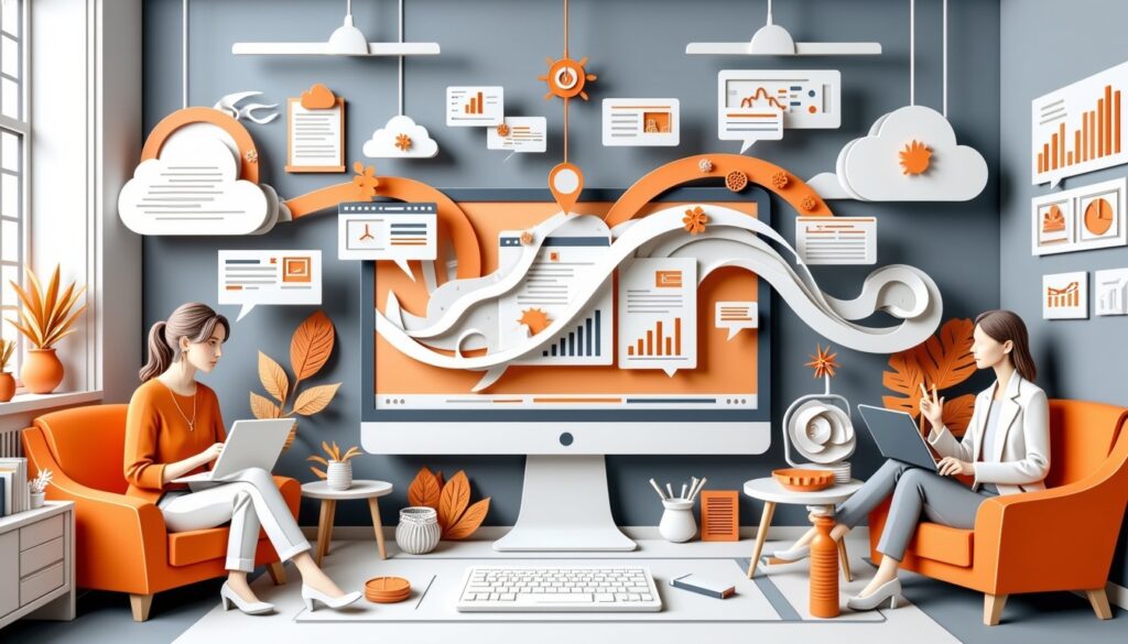 Zwei Frauen arbeiten an Laptops in einem modernen Büro mit Diagrammen, Graphen und Datenvisualisierungen an Wänden und Bildschirmen.