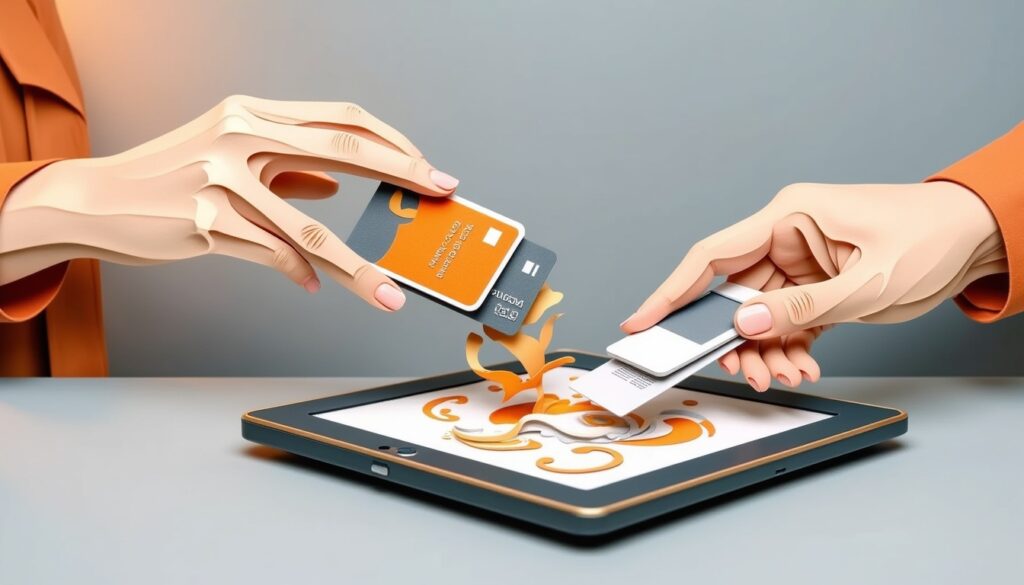 Zwei Hände, die Kreditkarten über ein Tablet halten, auf dessen Bildschirm digitale Wirbel zu sehen sind.