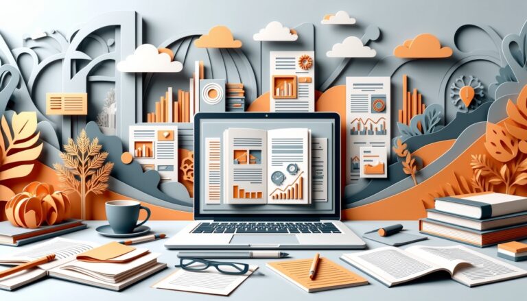 Ein Laptop auf einem Schreibtisch mit Diagrammen, Büchern, Kaffee, Diagrammen im Scherenschnittstil und Pflanzen im Hintergrund.