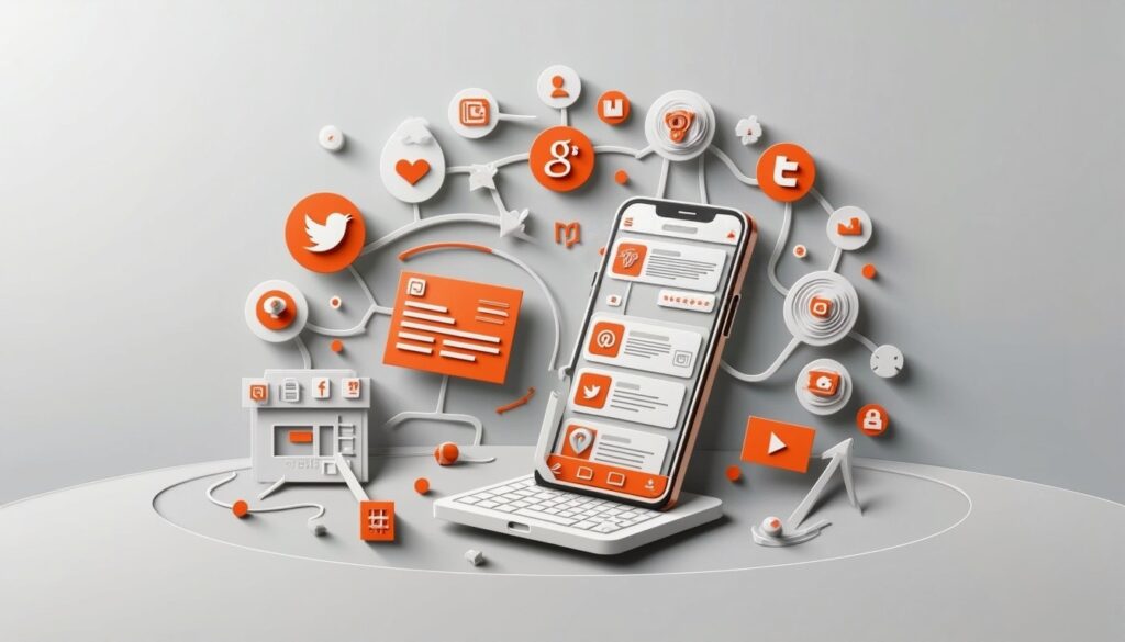 Ein Smartphone und ein Laptop, umgeben von Social-Media-Symbolen und digitalen Verbindungen auf einem hellen Hintergrund.