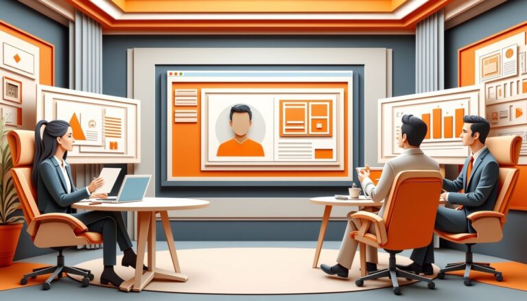 Drei Personen halten in einem modernen Büro eine Videokonferenz ab und betrachten auf Bildschirmen Diagramme und ein digitales Porträt.