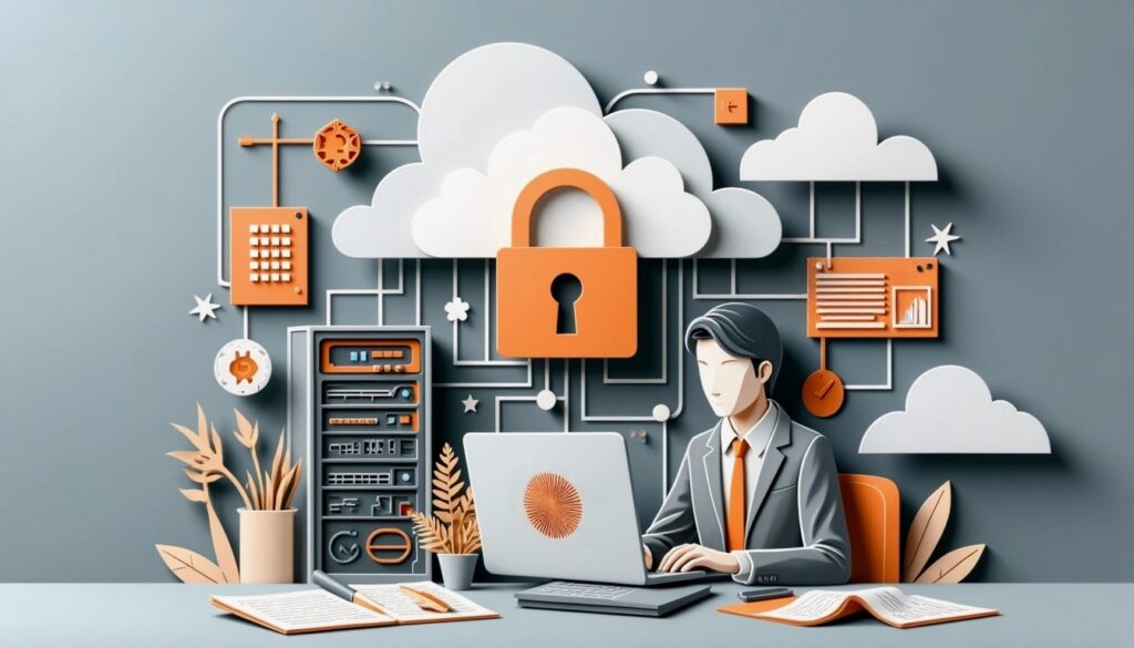 Illustration einer Person an einem Laptop mit Cloud-Sicherheitssymbolen, Server und Diagrammen im Hintergrund.