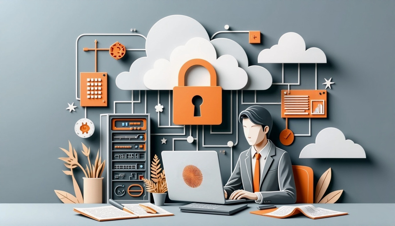 Illustration einer Person an einem Laptop mit Cloud-Sicherheitssymbolen, Server und Diagrammen im Hintergrund.