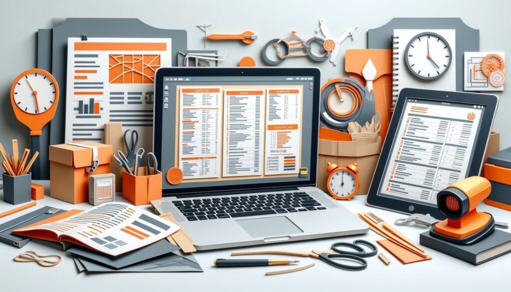 Laptop und Tablet mit Tabellen und Listen auf den Bildschirmen, umgeben von orangefarbenen und grauen Büromaterialien.