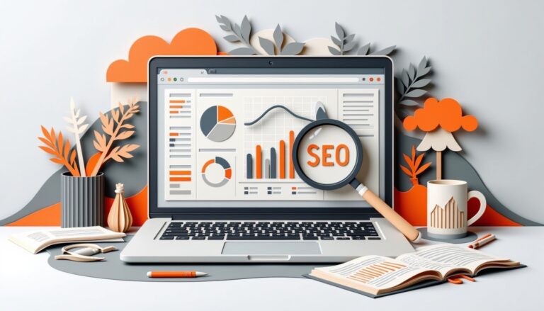 Ein Laptop zeigt Grafiken und Diagramme mit einer Lupe, auf der "SEO" steht, umgeben von Büromaterial.