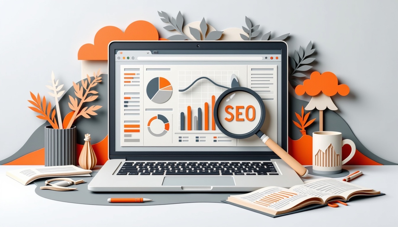 Ein Laptop zeigt Grafiken und Diagramme mit einer Lupe, auf der "SEO" steht, umgeben von Büromaterial.