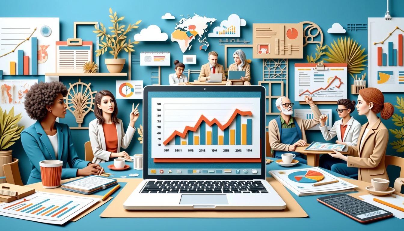 Das Unternehmensteam arbeitet mit Diagrammen und Laptops zusammen und analysiert Wachstumsdiagramme in einer farbenfrohen Büroumgebung.