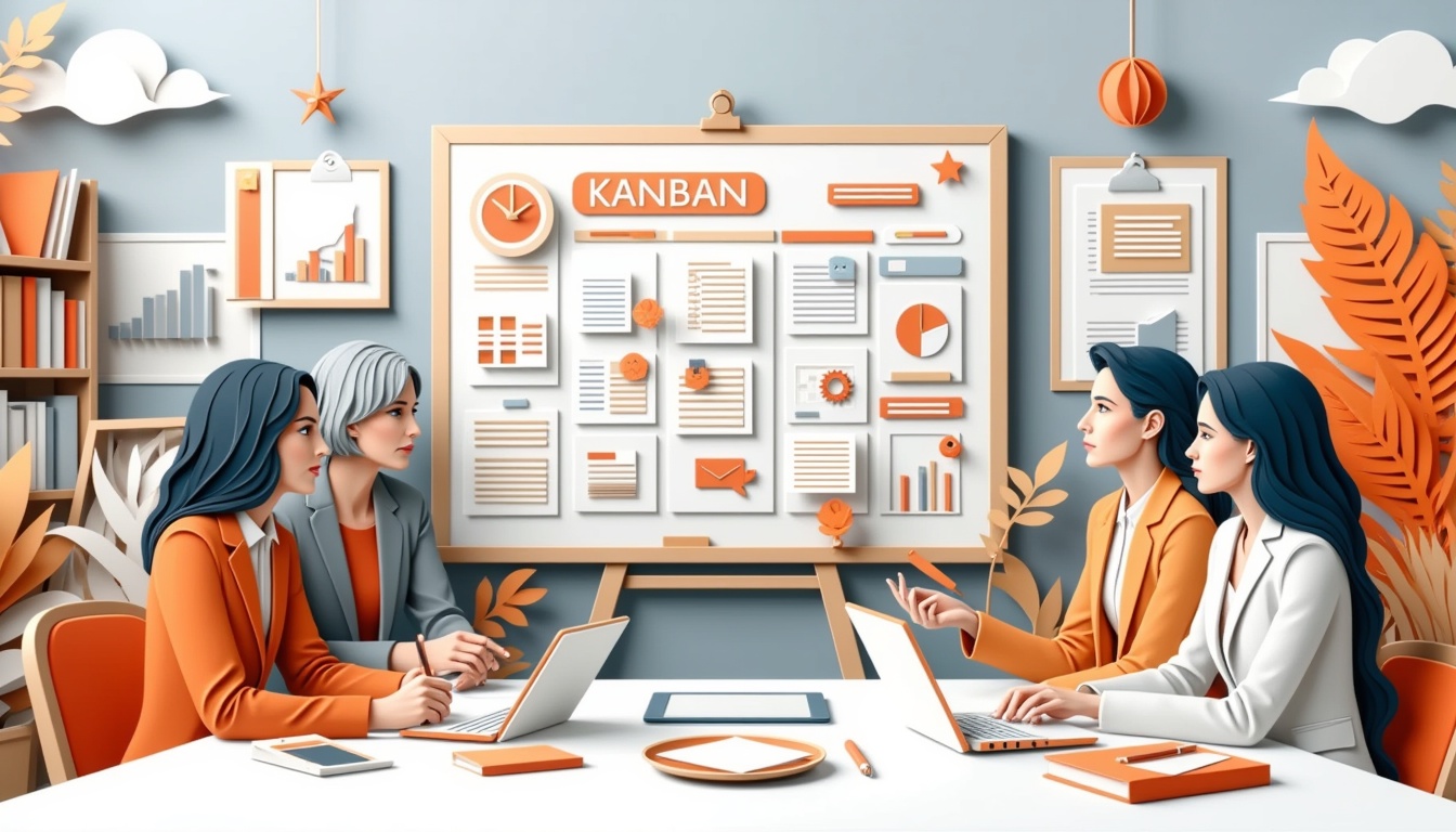 Vier Personen diskutieren an einem Tisch mit Laptops vor einer Kanban-Tafel, die mit Tabellen und Notizen gefüllt ist.